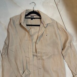 Long sleeve beige linen button down shirt